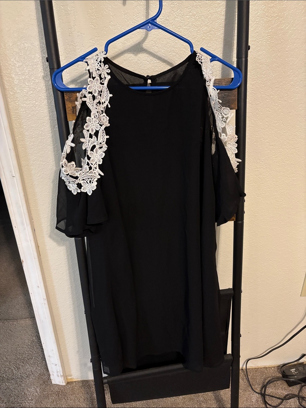 Black Cold-Shoulder Dress with White Lace Trim
